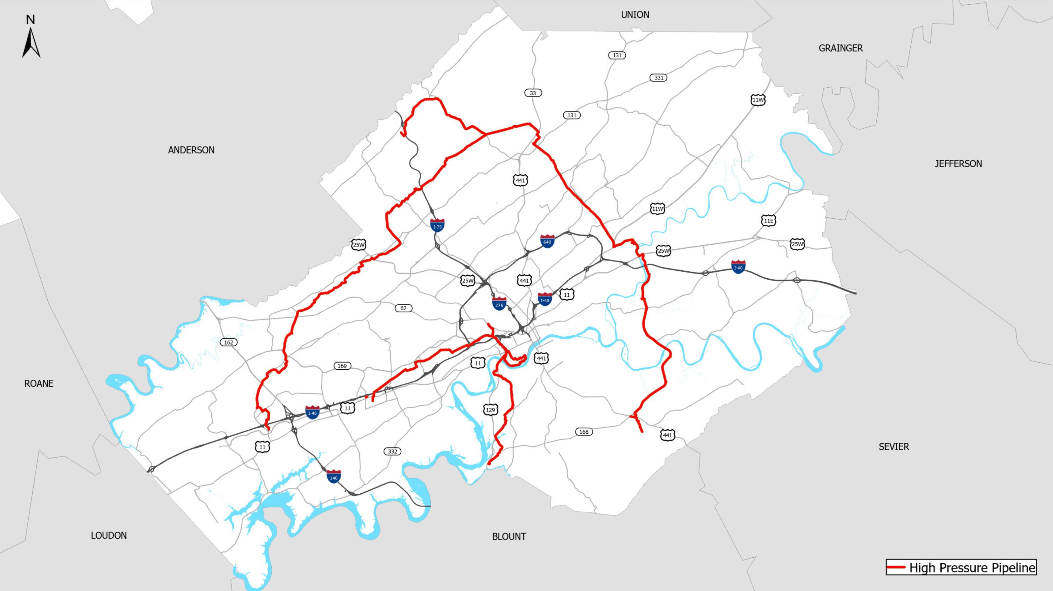 Map of KUB's Natural Gas Service Area